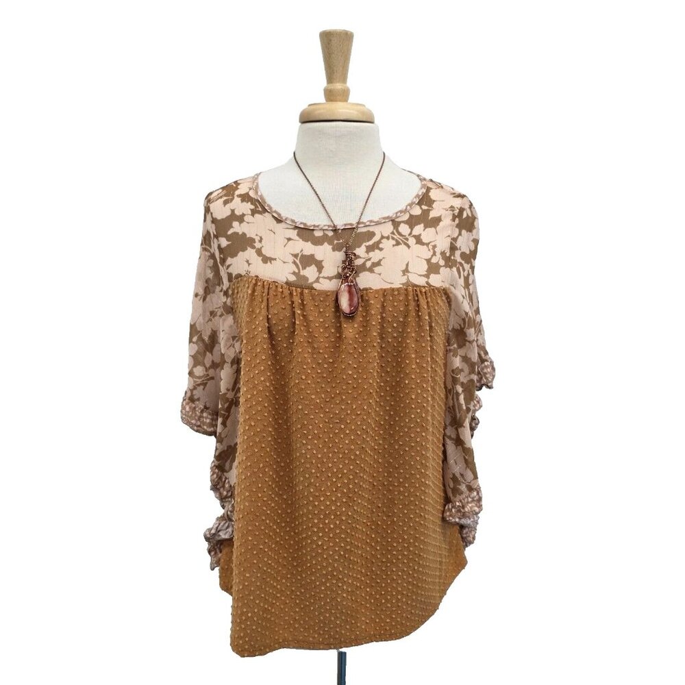 Hailey & Co Floral Flutter Sleeve Top Blouse Boho Womens Size M Rose Gold Orange